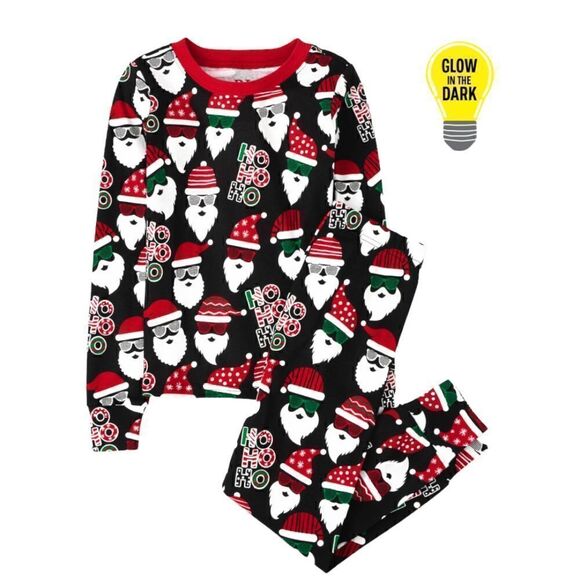 Childrens Place Kids Glow Ho Ho Ho Snug Fit Cotton Pajamas - Black - Picture 1 of 4